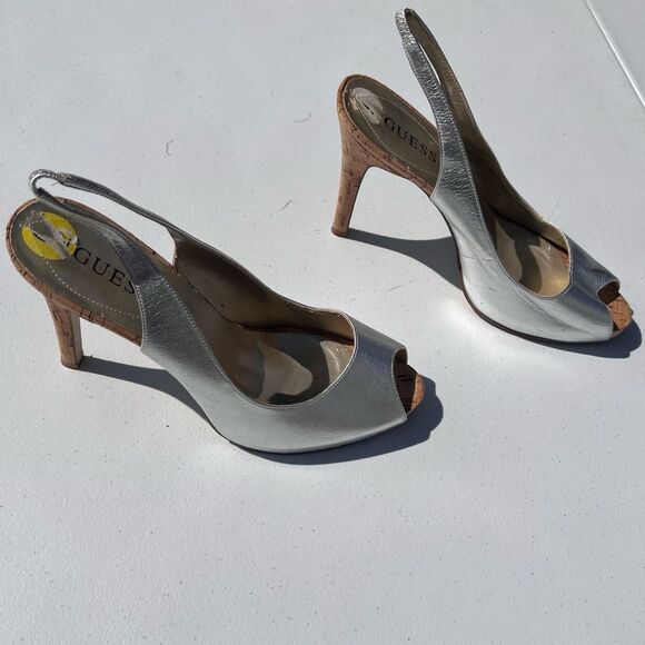 Guess Silver Peep-Toe Slingback Heels - Picture 2 of 7